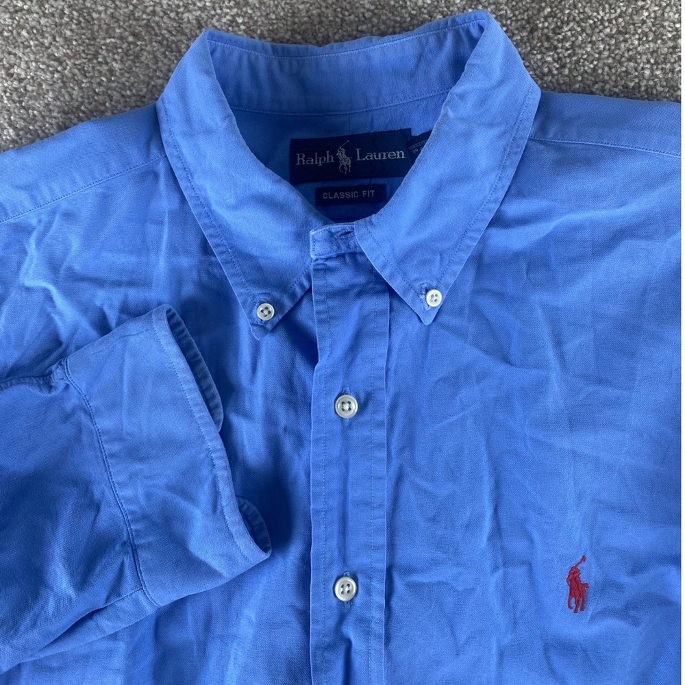 Polo Ralph Lauren Classic Fit Blue Cotton Button Down Shirt Men XL Red Pony Logo
